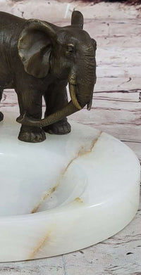 Bronze Metal Elephant Mother & Calf on Marble Ashtray