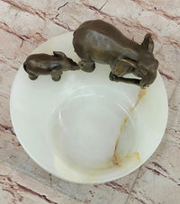 Bronze Metal Elephant Mother & Calf on Marble Ashtray