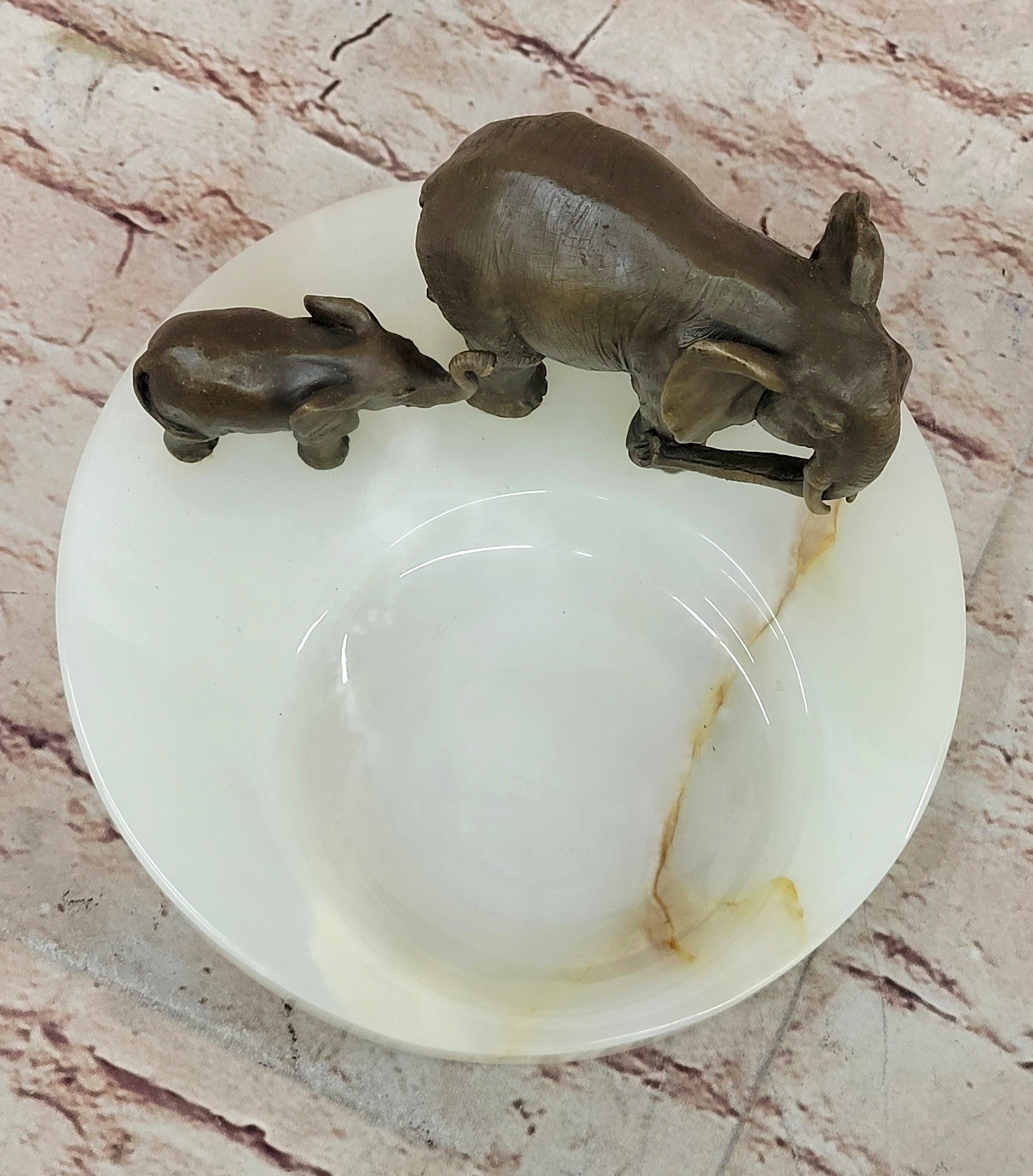 Bronze Metal Elephant Mother & Calf on Marble Ashtray