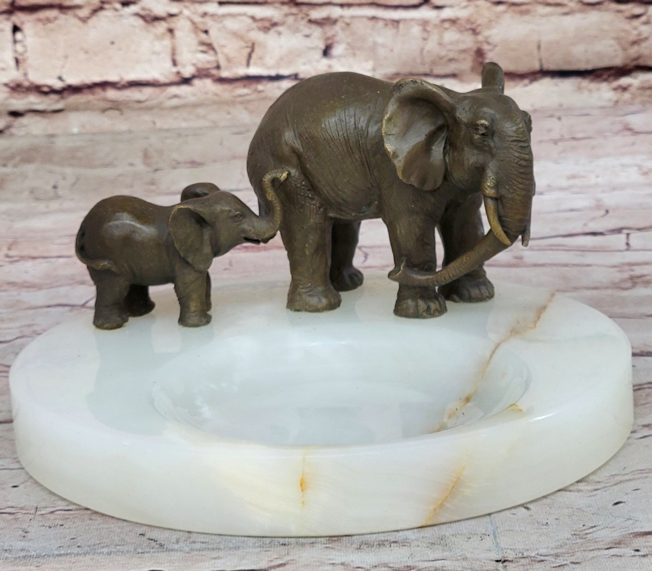 Bronze Metal Elephant Mother & Calf on Marble Ashtray