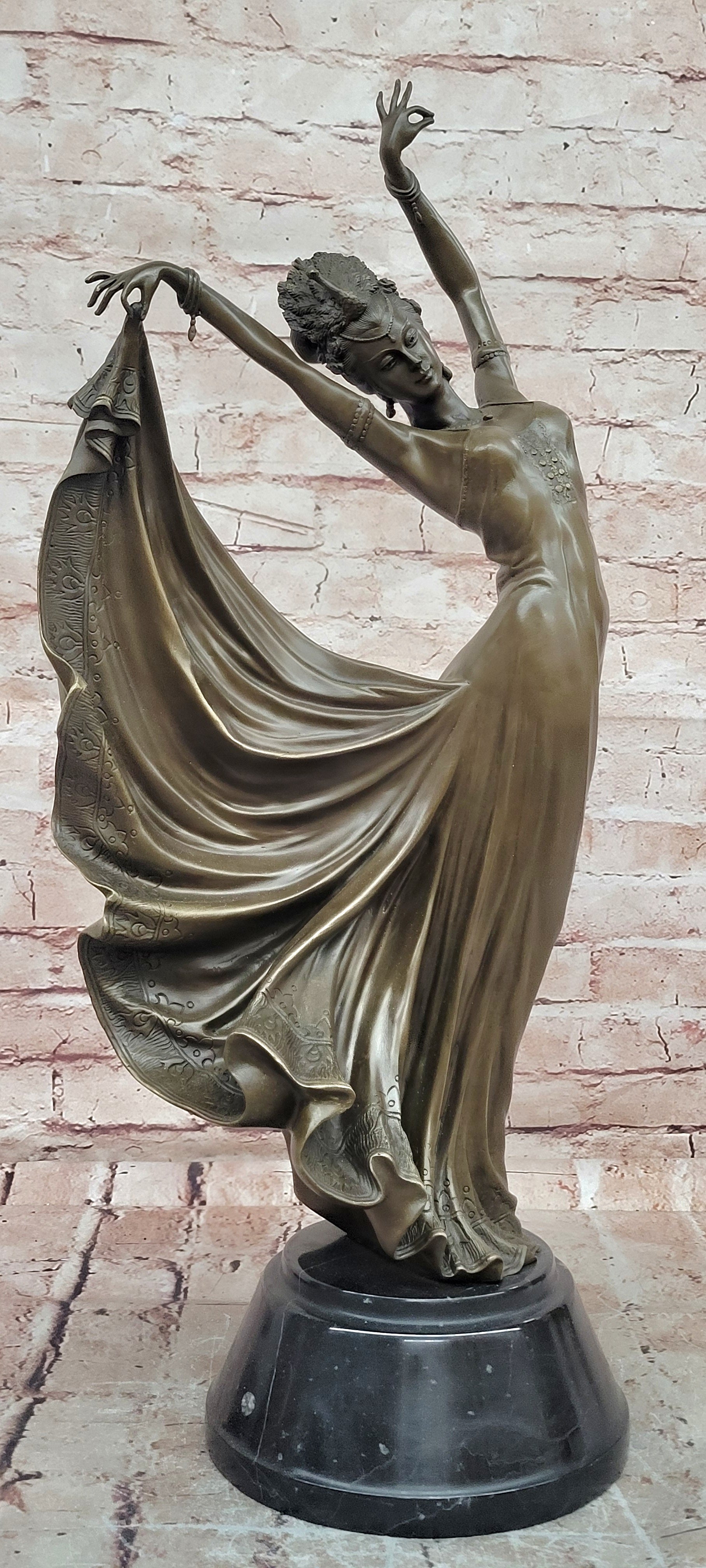 Modern Dance Sculpture Graceful Pretty Eastern Woman Bronze Sculpture Signed
