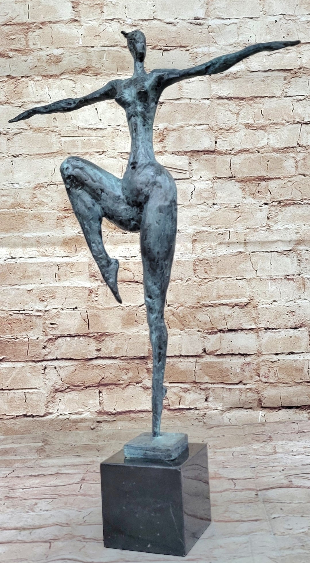 Abstract Female Dancer Kicker Bronze Sculpture Green Patina