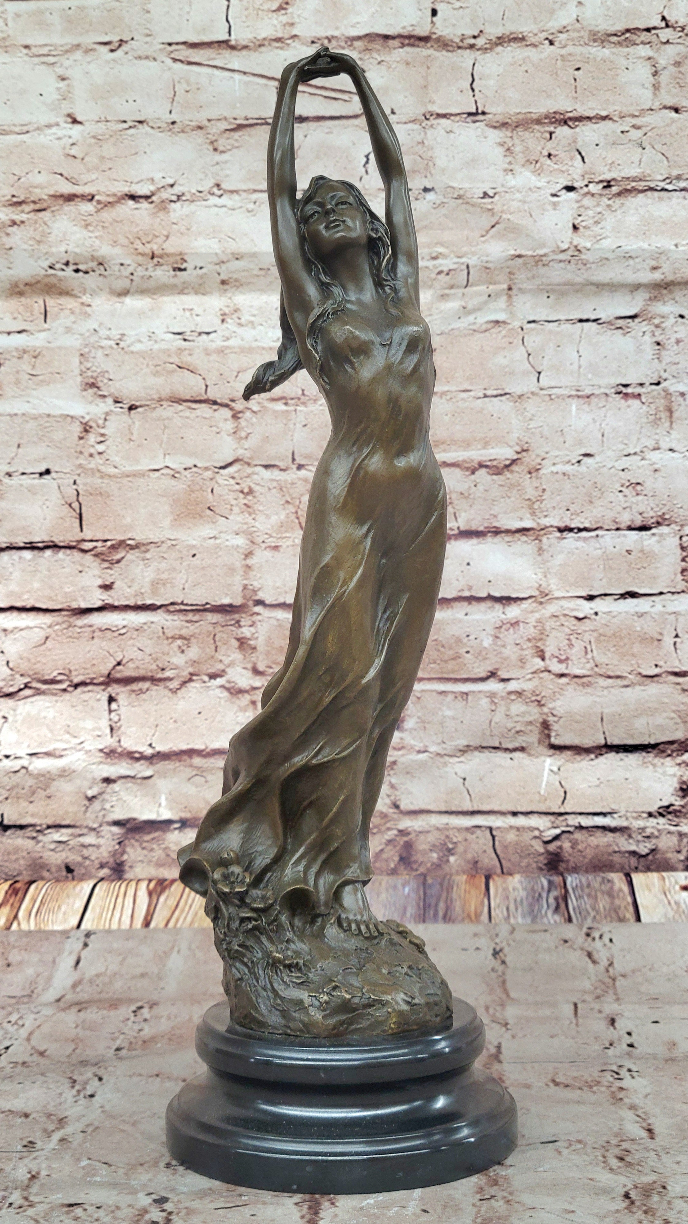 Awakening Stretching Woman Bronze Sculpture on Marble Base
