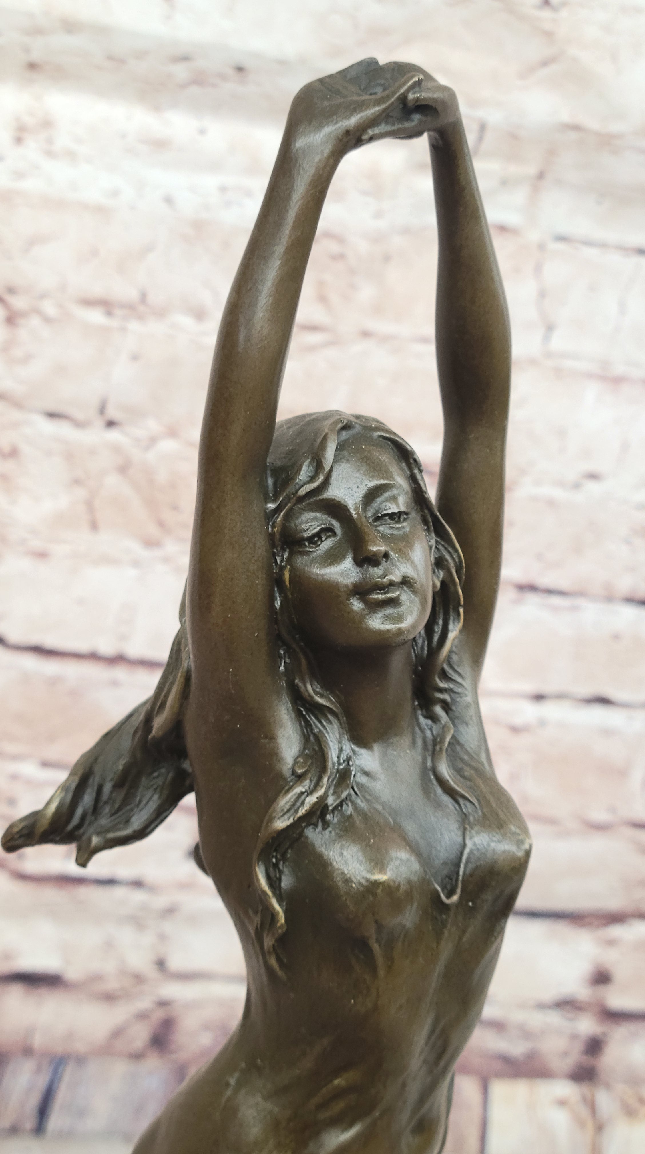 Awakening Stretching Woman Bronze Sculpture on Marble Base