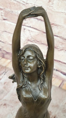 Awakening Stretching Woman Bronze Sculpture on Marble Base