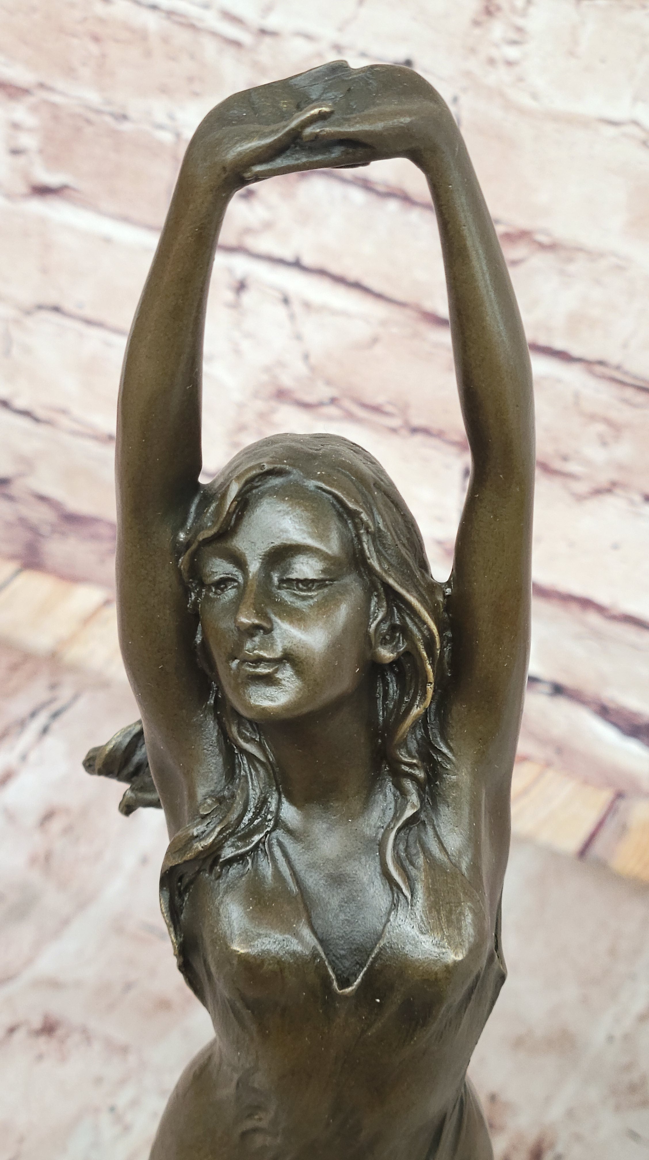 Awakening Stretching Woman Bronze Sculpture on Marble Base