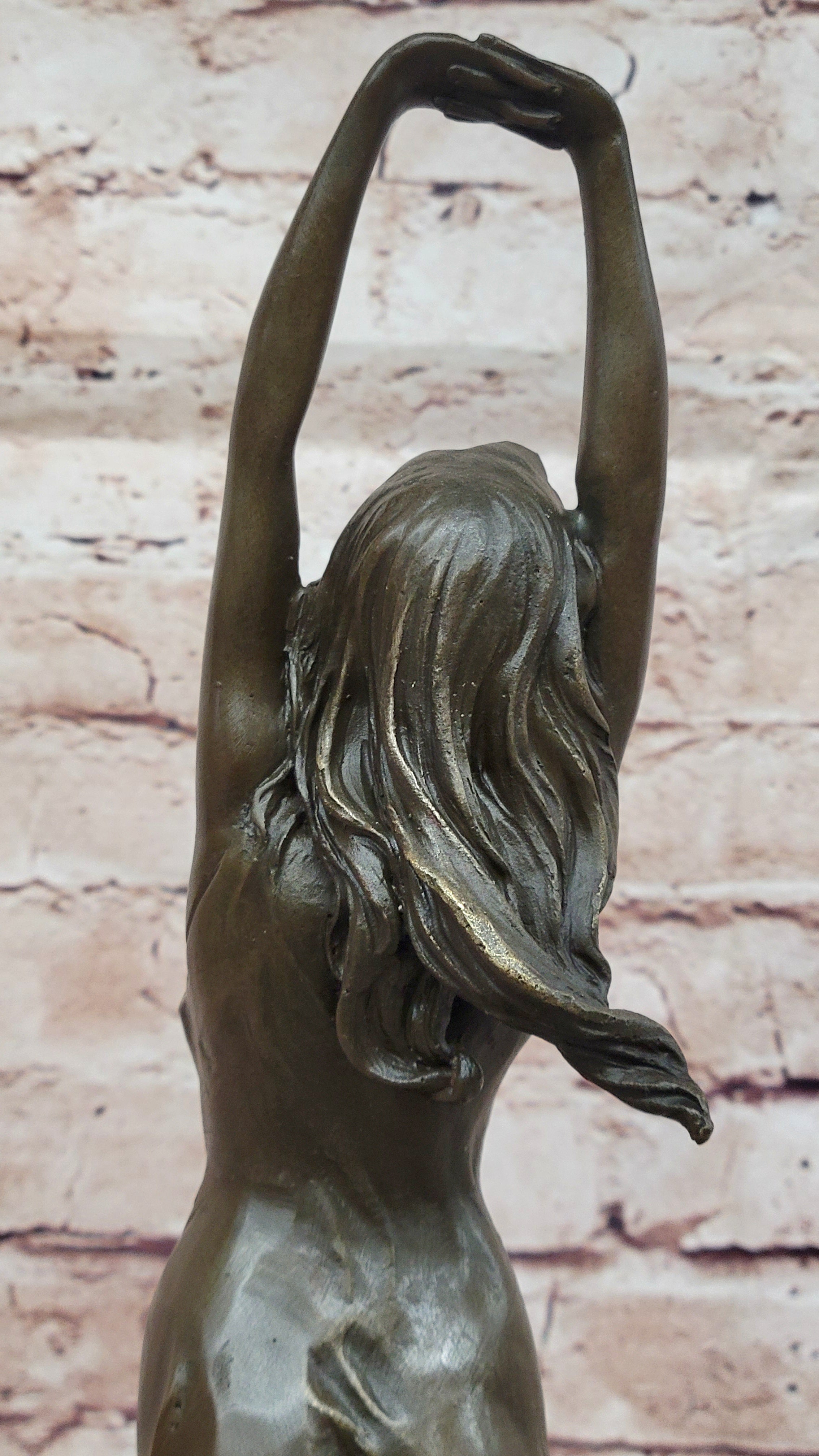Awakening Stretching Woman Bronze Sculpture on Marble Base