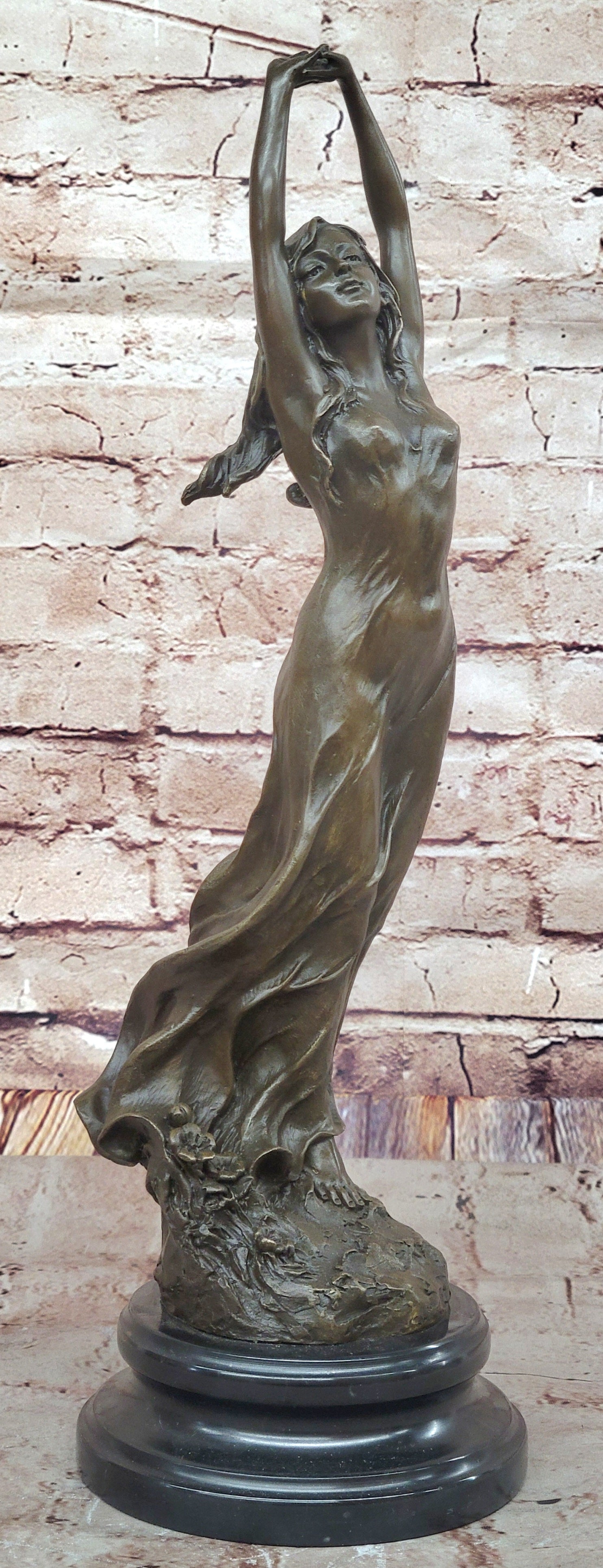 Awakening Stretching Woman Bronze Sculpture on Marble Base