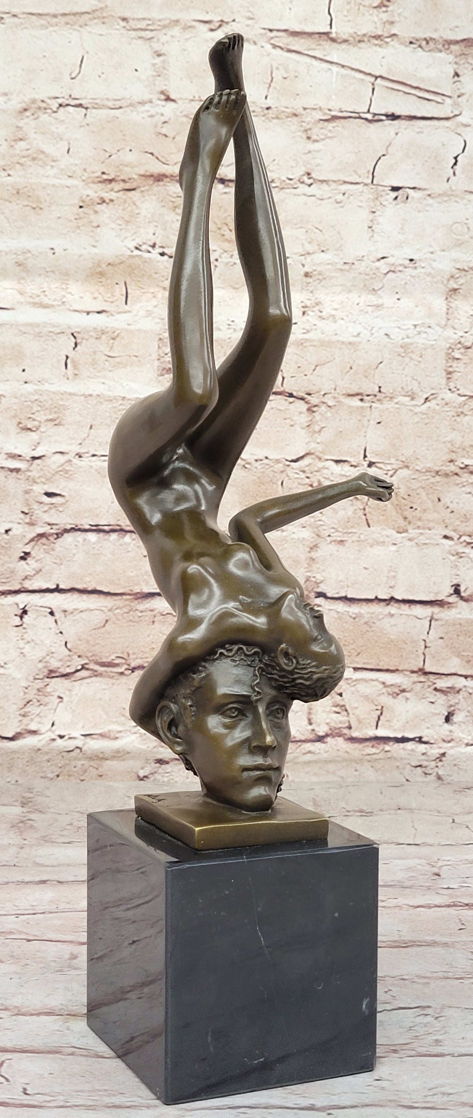 Surrealist Bronze Sculpture of Upside Down Nude Female Figure Conjoined Head Original Art