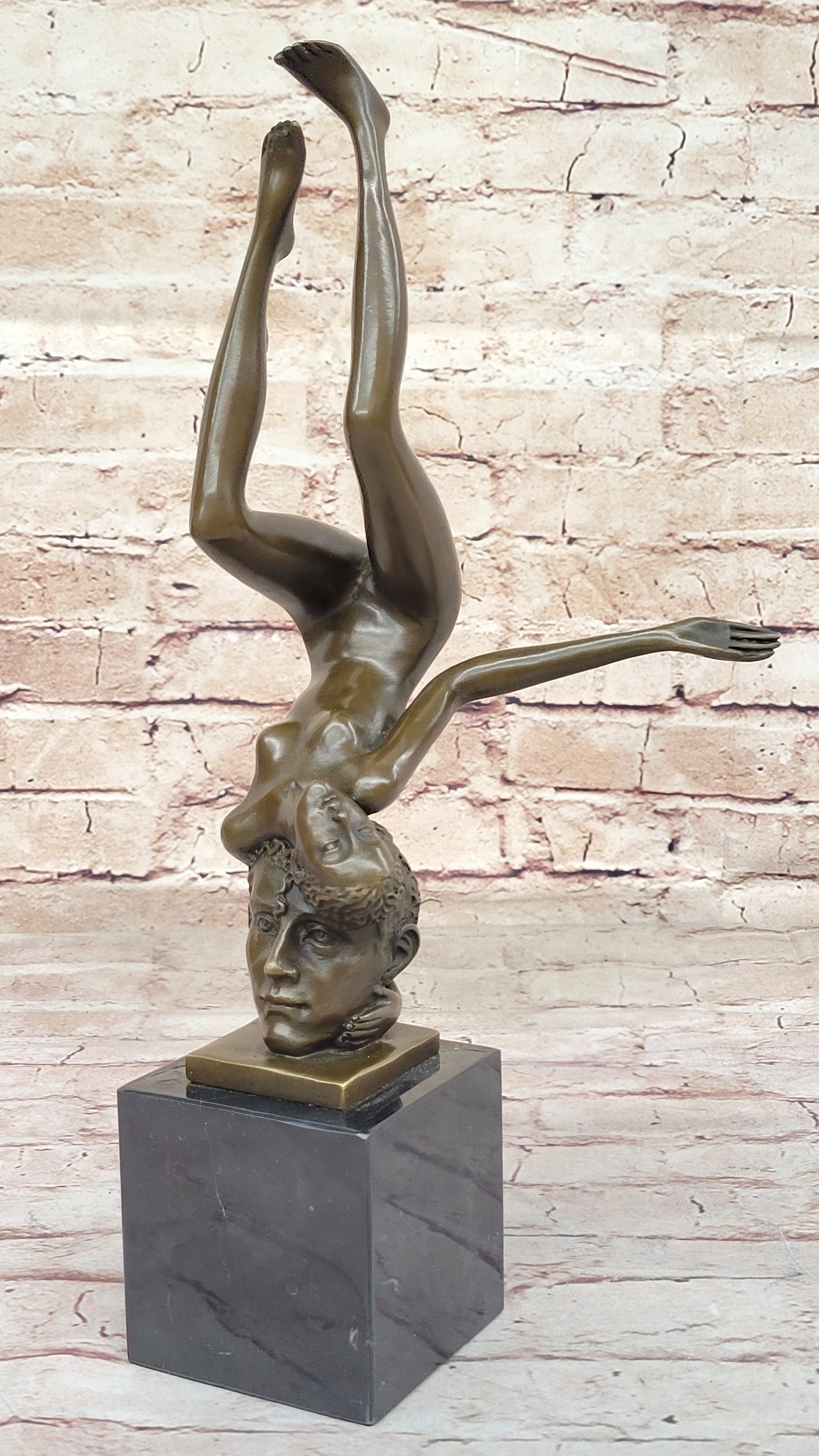 Surrealist Bronze Sculpture of Upside Down Nude Female Figure Conjoined Head Original Art