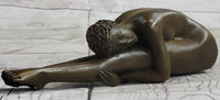Nude Yoga Girl Holding Stretch Bronze Figure Sculpture 2" x 9"