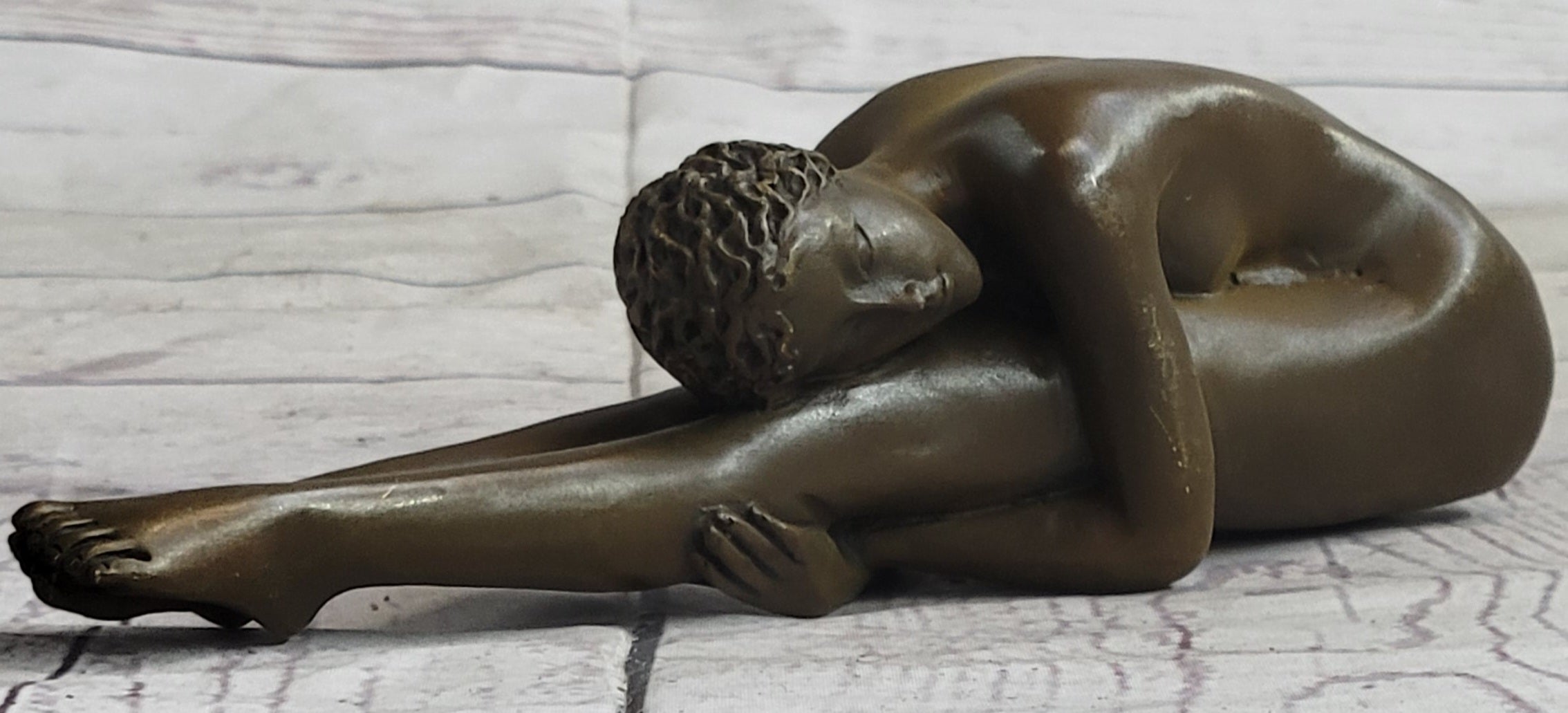 Nude Yoga Girl Holding Stretch Bronze Figure Sculpture 2" x 9"