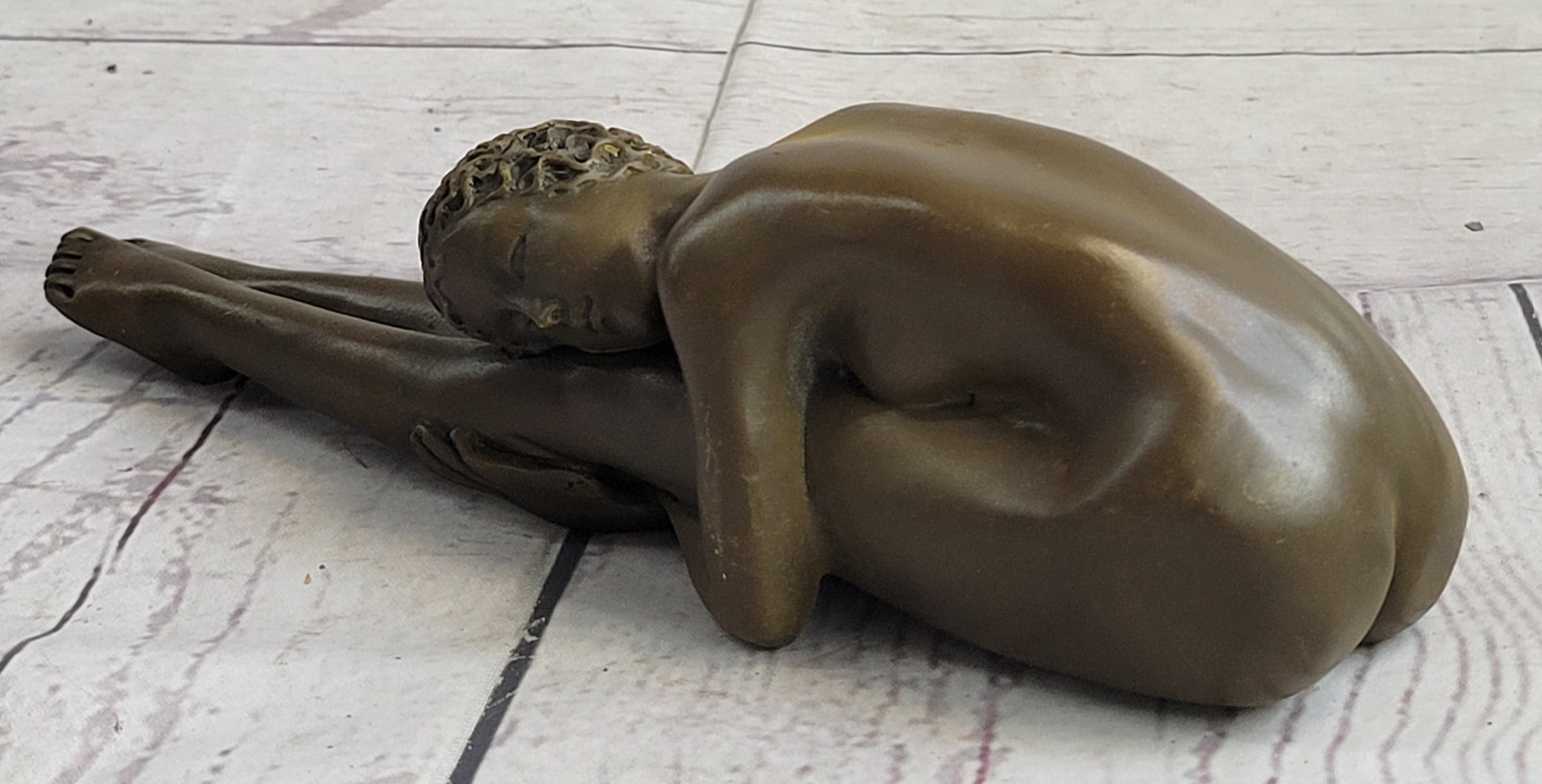 Nude Yoga Girl Holding Stretch Bronze Figure Sculpture 2" x 9"