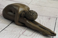 Nude Yoga Girl Holding Stretch Bronze Figure Sculpture 2" x 9"