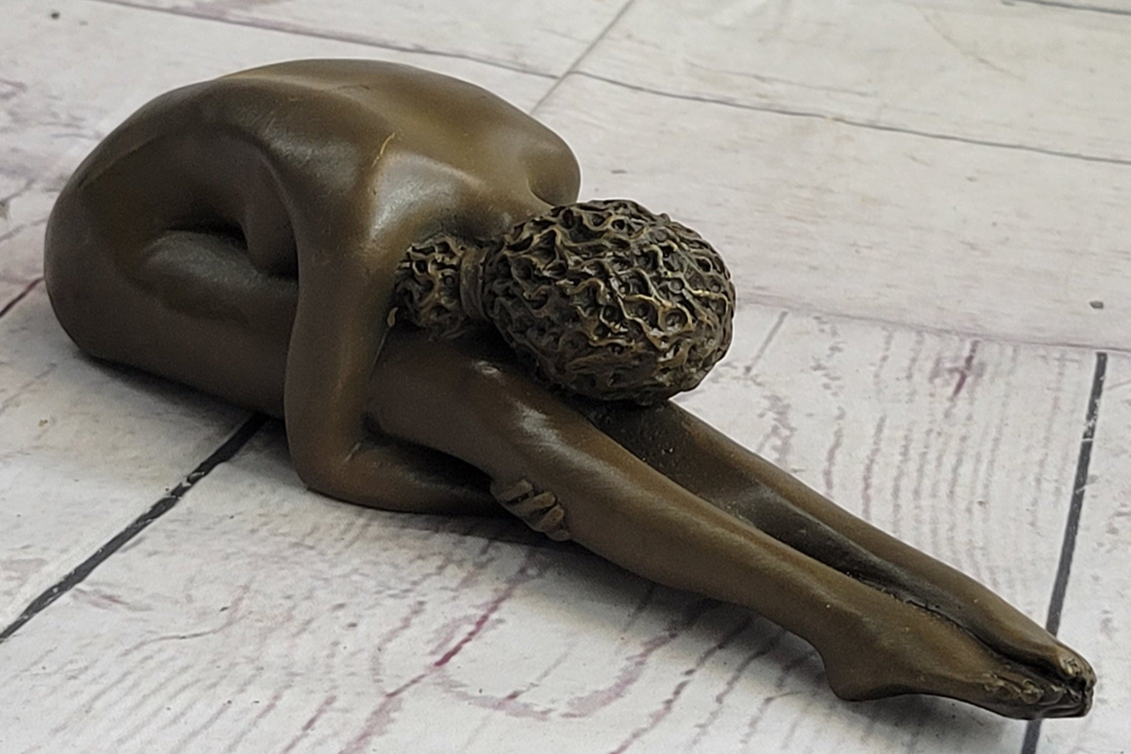 Nude Yoga Girl Holding Stretch Bronze Figure Sculpture 2" x 9"