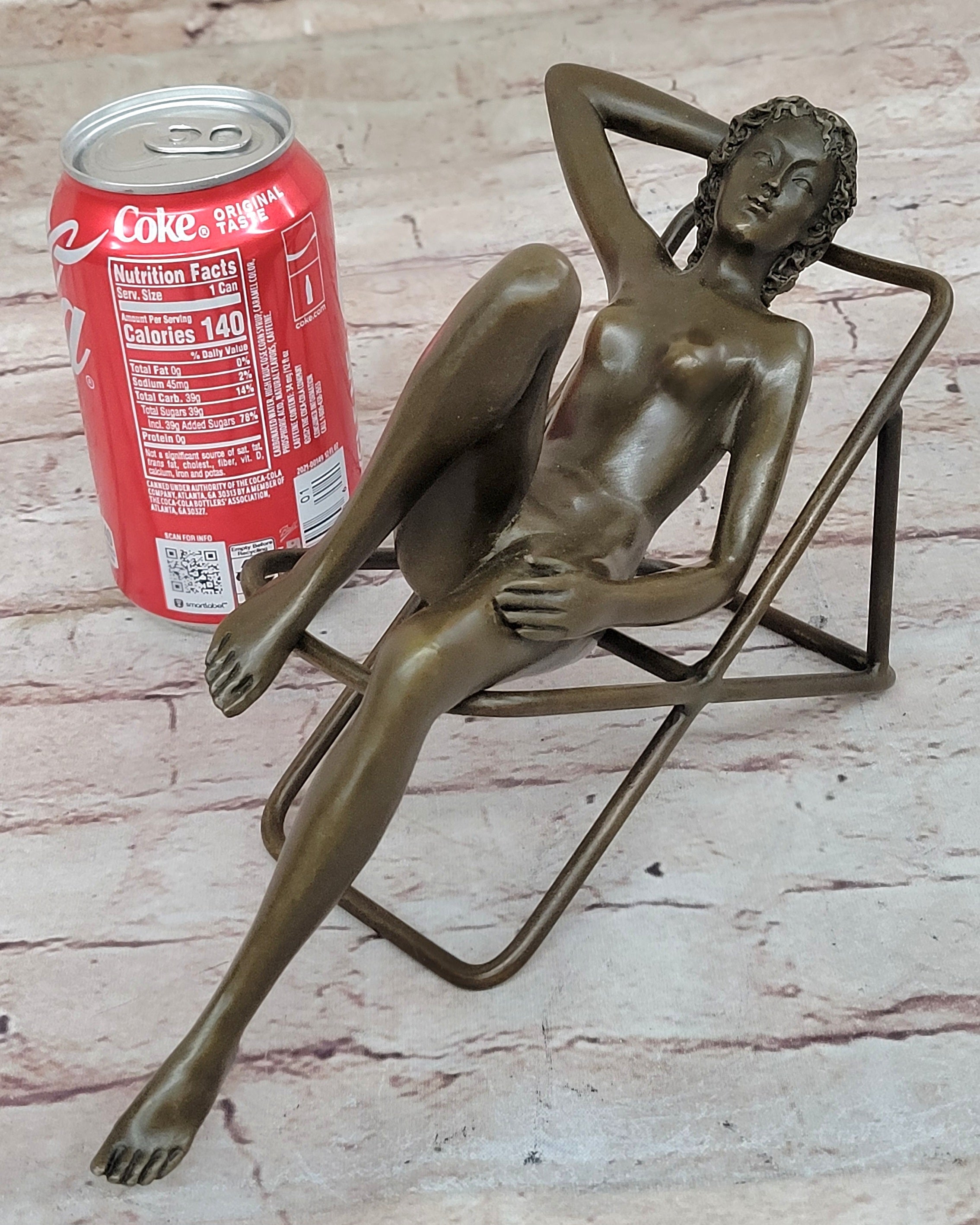 Nude Sunbathing Female Figure on Beach Chair - Bronze Sculpture by Mario nick