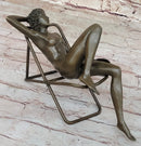 Nude Sunbathing Female Figure on Beach Chair - Bronze Sculpture by Mario nick