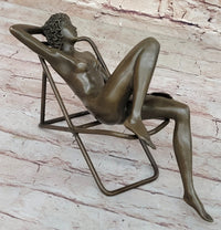 Nude Sunbathing Female Figure on Beach Chair - Bronze Sculpture by Mario nick