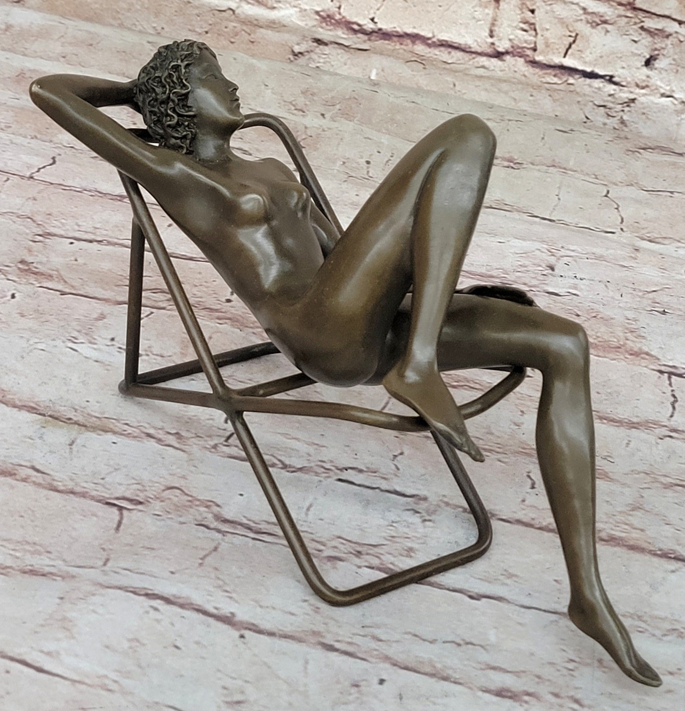 Nude Sunbathing Female Figure on Beach Chair - Bronze Sculpture by Mario nick