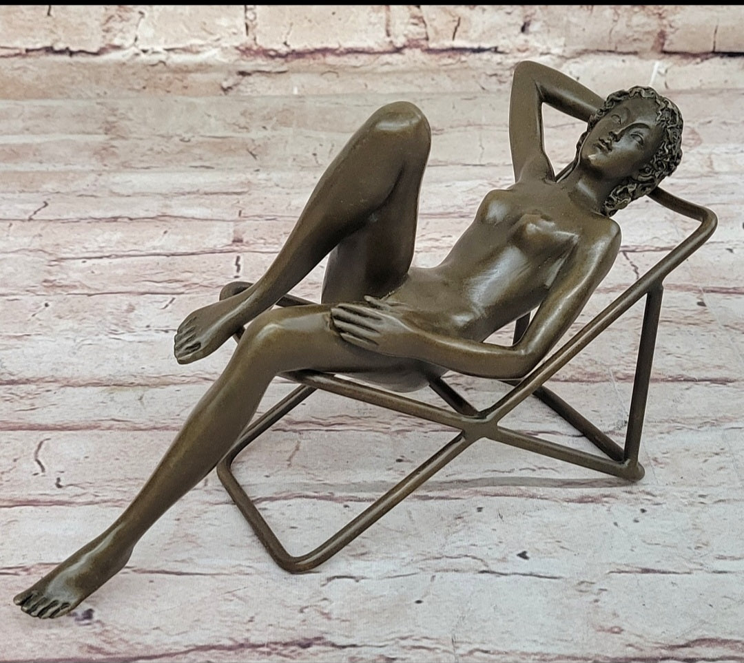 Nude Sunbathing Female Figure on Beach Chair - Bronze Sculpture by Mario nick