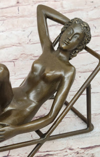 Nude Sunbathing Female Figure on Beach Chair - Bronze Sculpture by Mario nick
