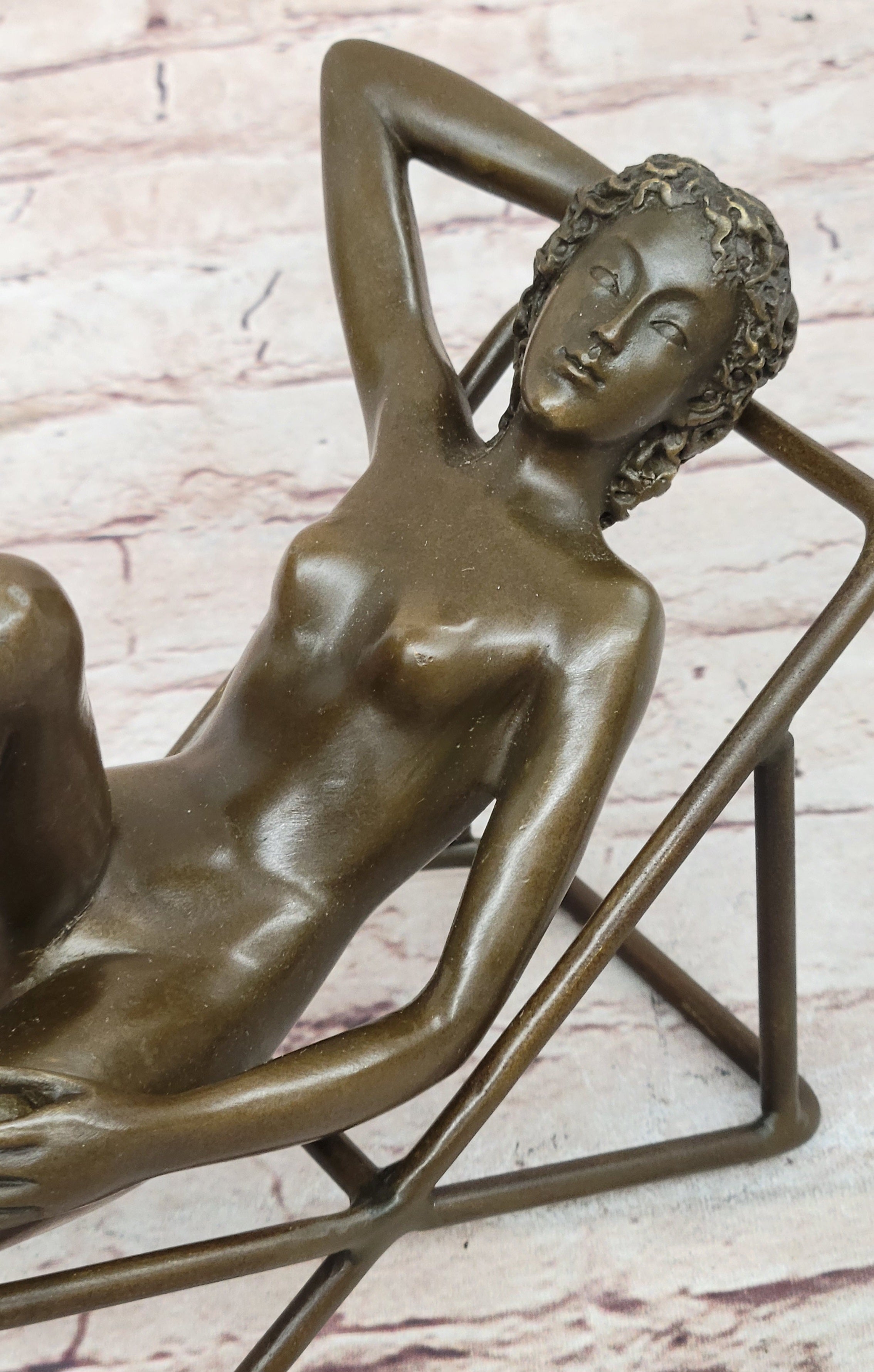 Nude Sunbathing Female Figure on Beach Chair - Bronze Sculpture by Mario nick