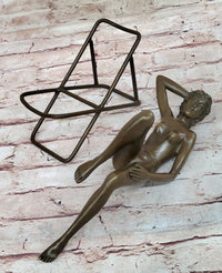 Nude Sunbathing Female Figure on Beach Chair - Bronze Sculpture by Mario nick