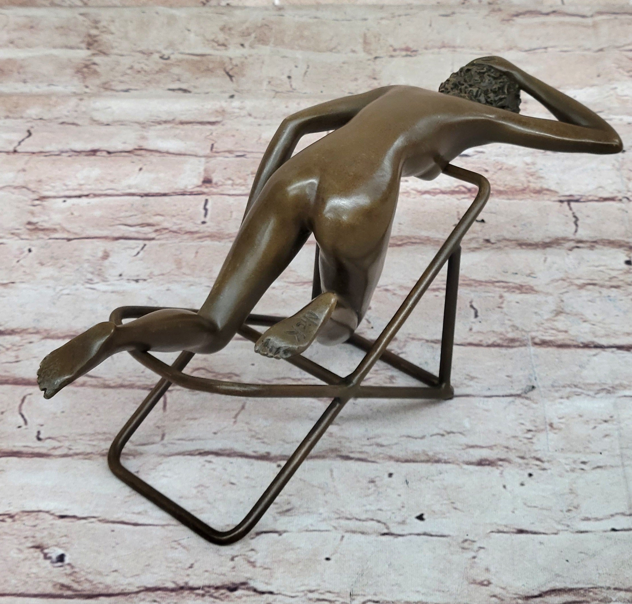 Nude Sunbathing Female Figure on Beach Chair - Bronze Sculpture by Mario nick