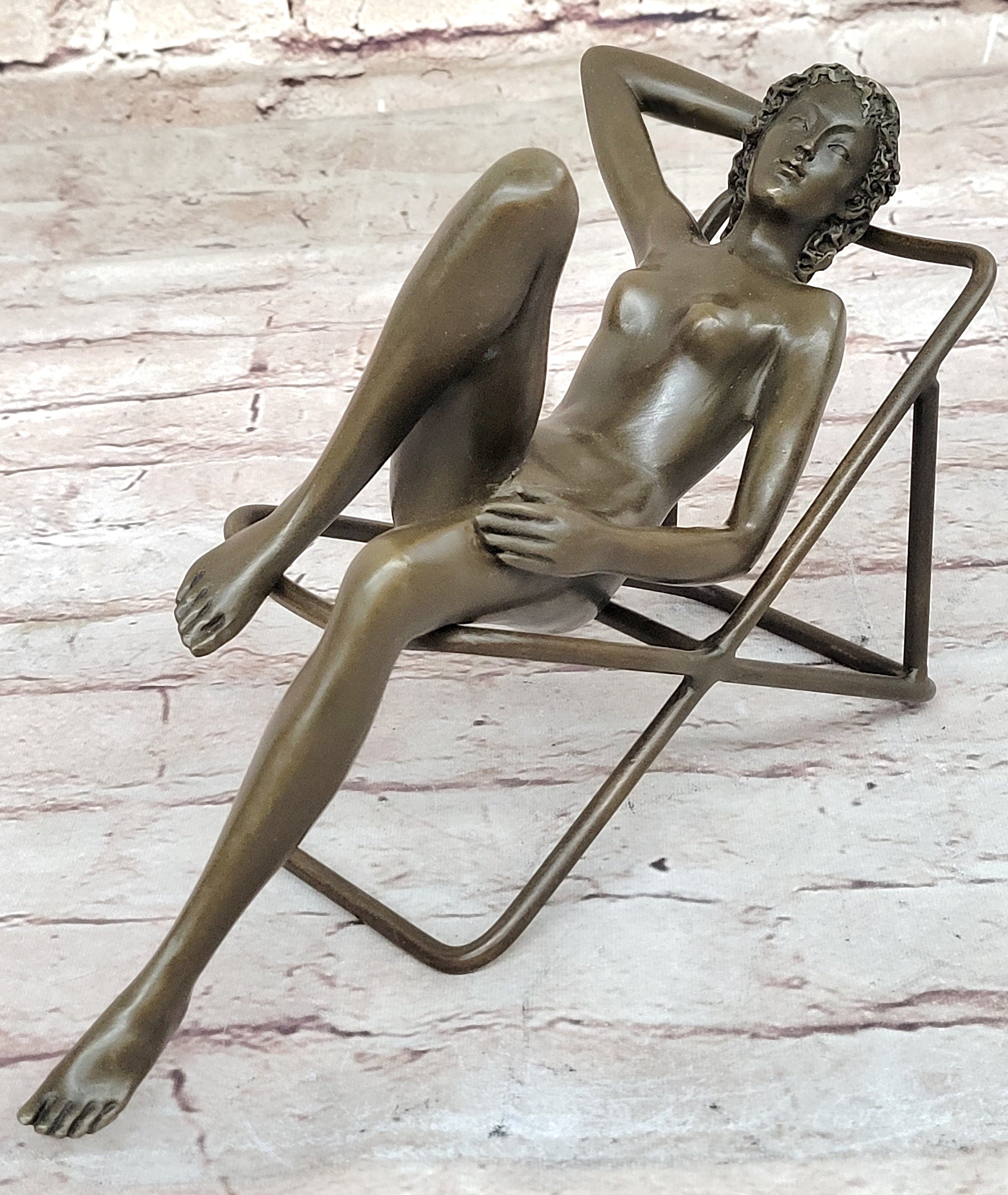 Nude Sunbathing Female Figure on Beach Chair - Bronze Sculpture by Mario nick
