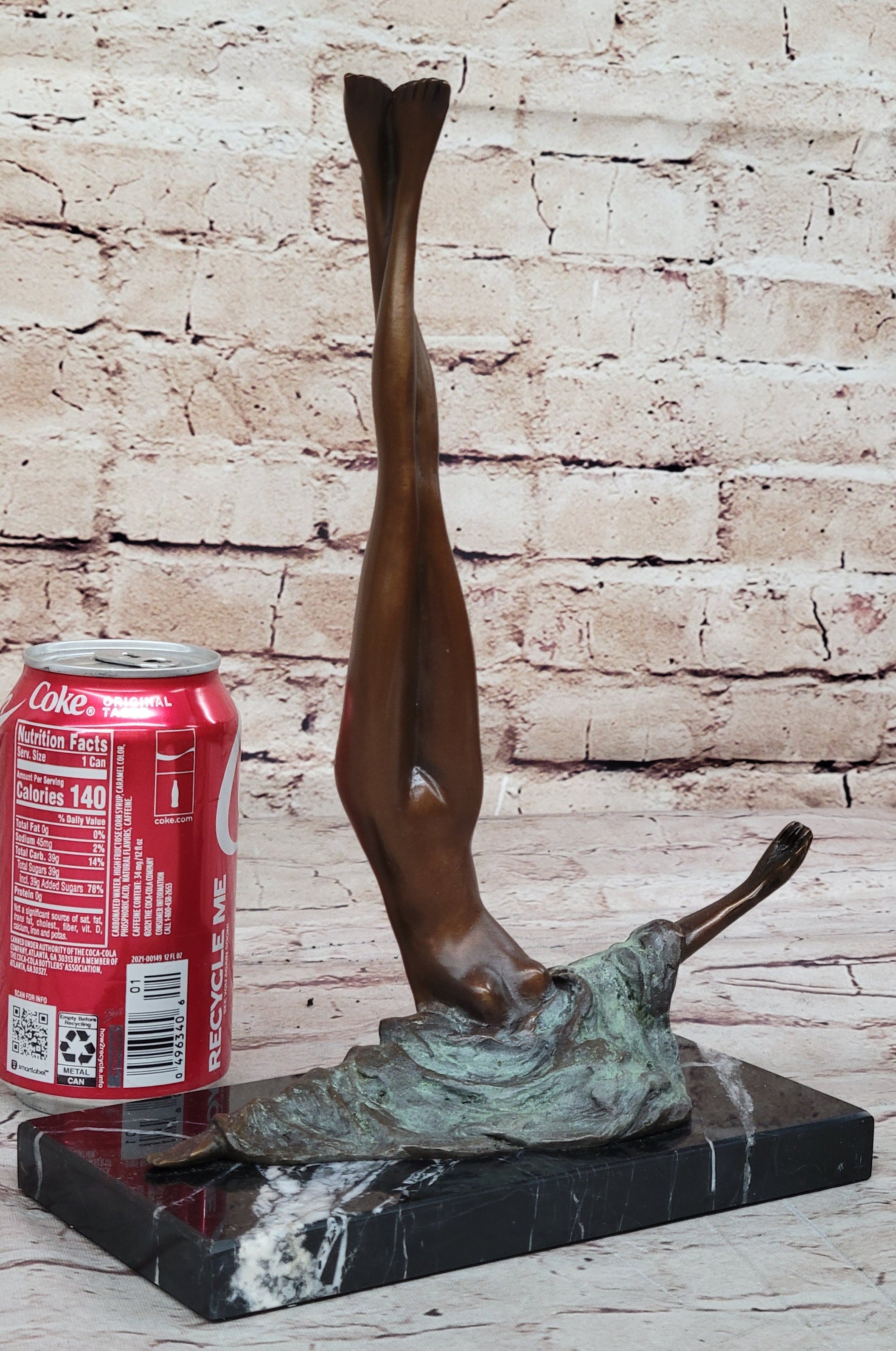 Surrealist Abstract Art Bronze Sculpture of Upside Down Nude Female Figure on Marble Base