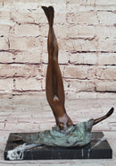 Surrealist Abstract Art Bronze Sculpture of Upside Down Nude Female Figure on Marble Base