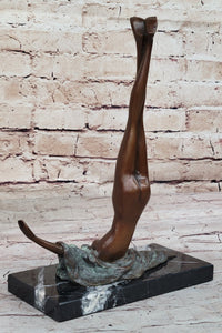 Surrealist Abstract Art Bronze Sculpture of Upside Down Nude Female Figure on Marble Base