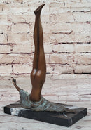 Surrealist Abstract Art Bronze Sculpture of Upside Down Nude Female Figure on Marble Base