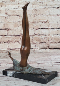 Surrealist Abstract Art Bronze Sculpture of Upside Down Nude Female Figure on Marble Base