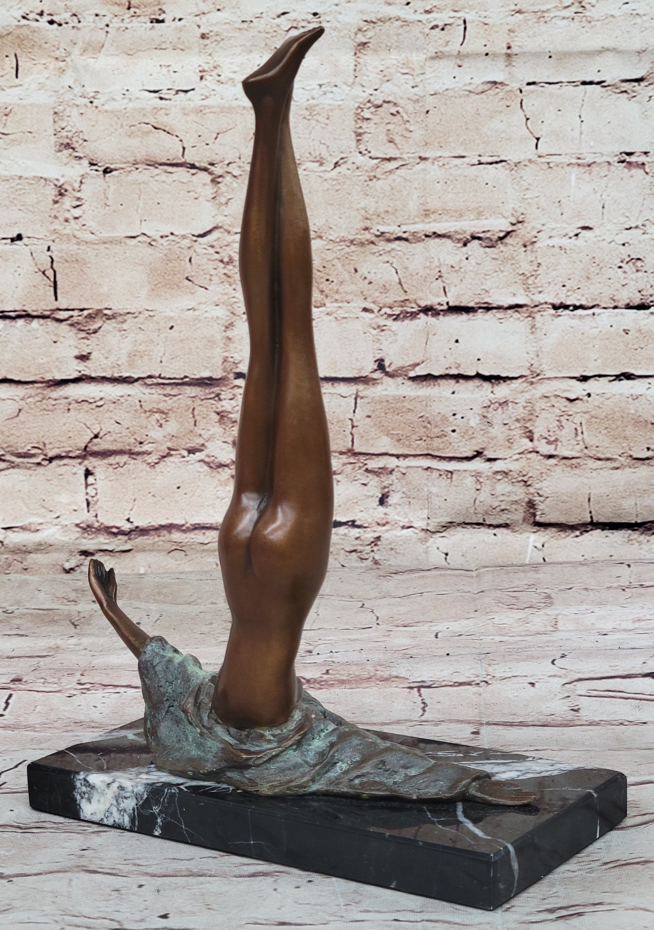 Surrealist Abstract Art Bronze Sculpture of Upside Down Nude Female Figure on Marble Base