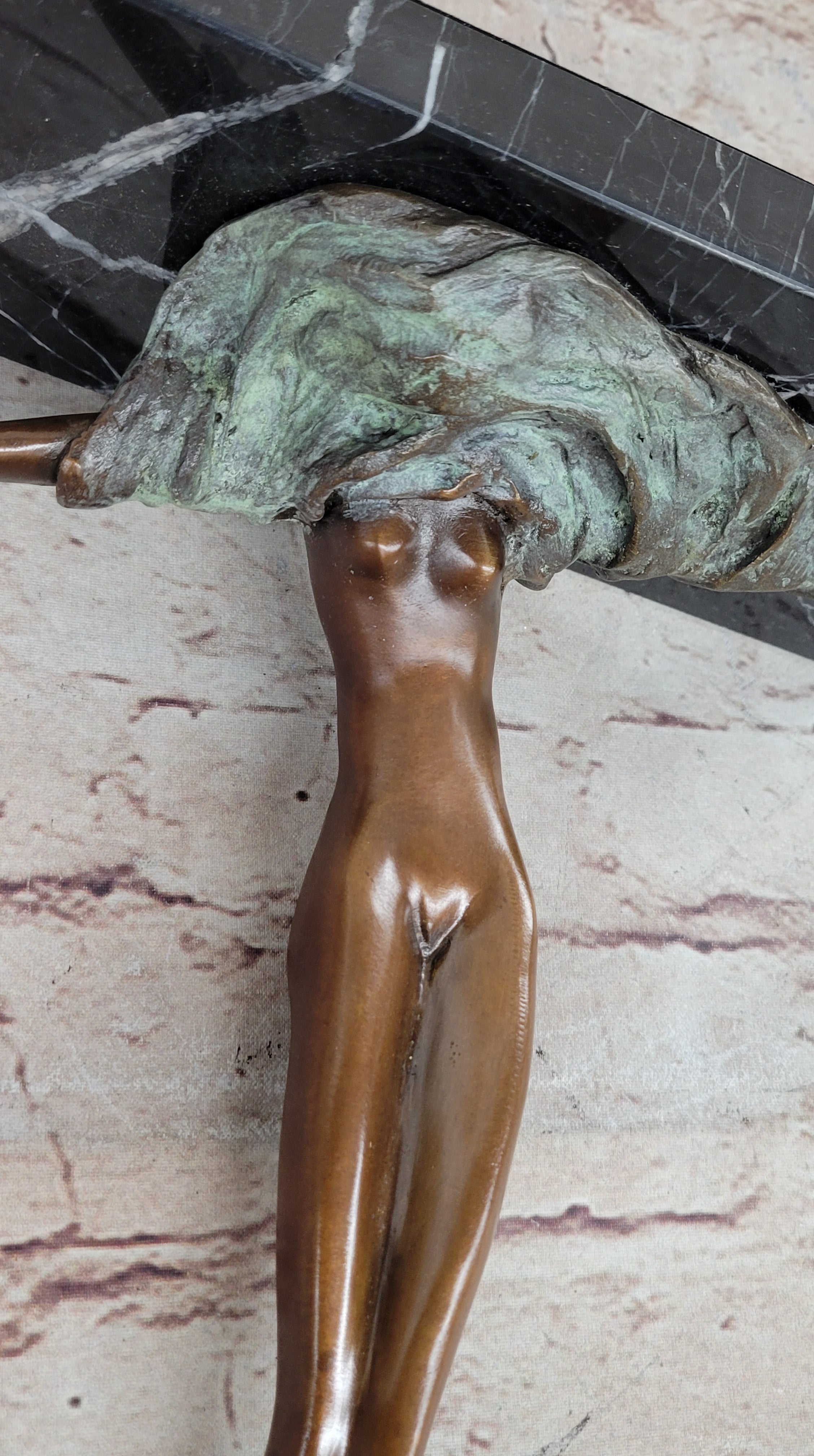 Surrealist Abstract Art Bronze Sculpture of Upside Down Nude Female Figure on Marble Base