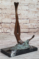 Surrealist Abstract Art Bronze Sculpture of Upside Down Nude Female Figure on Marble Base