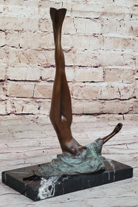 Surrealist Abstract Art Bronze Sculpture of Upside Down Nude Female Figure on Marble Base