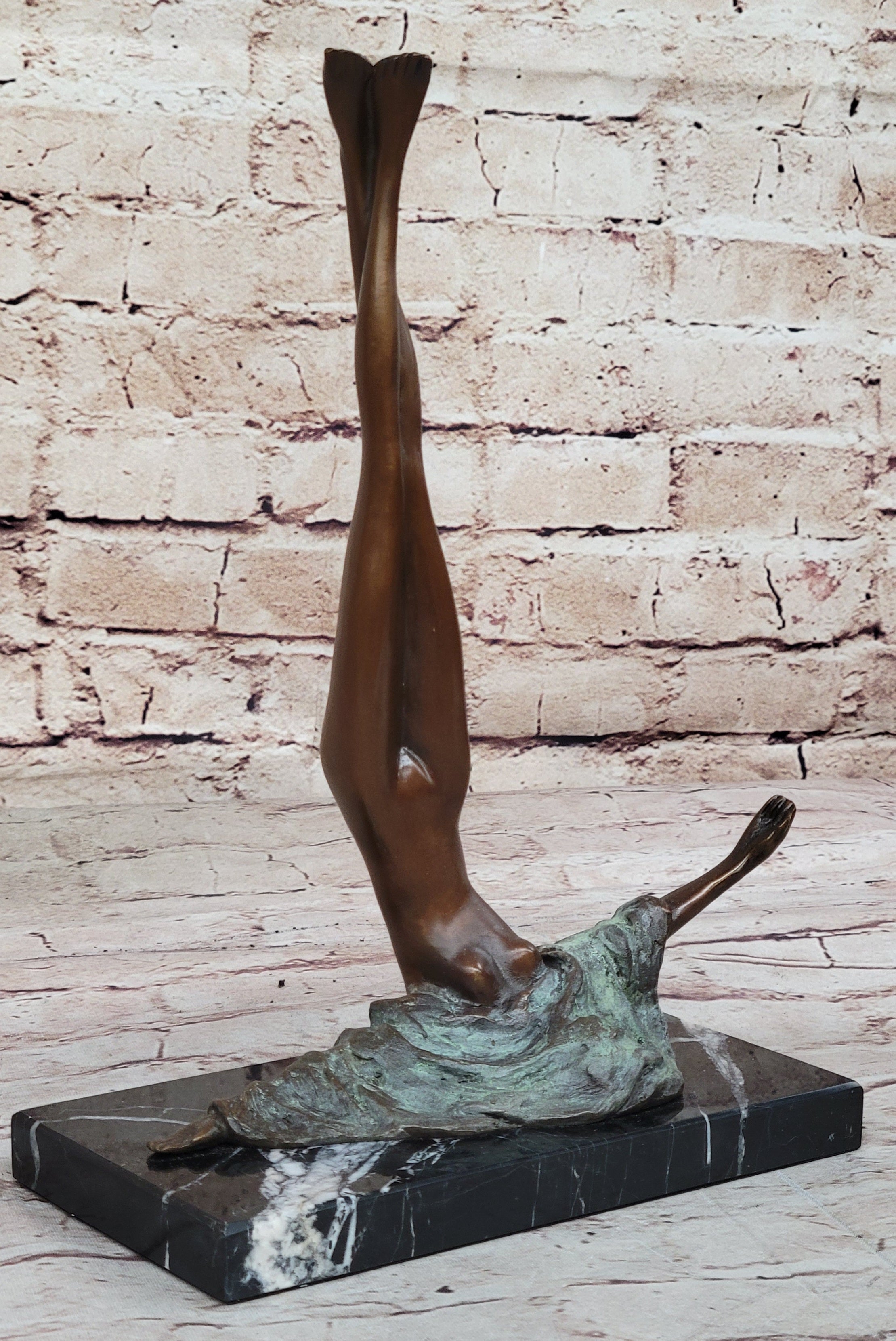 Surrealist Abstract Art Bronze Sculpture of Upside Down Nude Female Figure on Marble Base