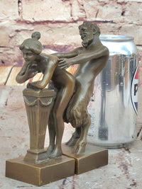 Greek Faun Satyr & Nymph Girl Erotic Nude Bronze Bookend Sculpture Figures