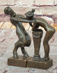 Greek Faun Satyr & Nymph Girl Erotic Nude Bronze Bookend Sculpture Figures