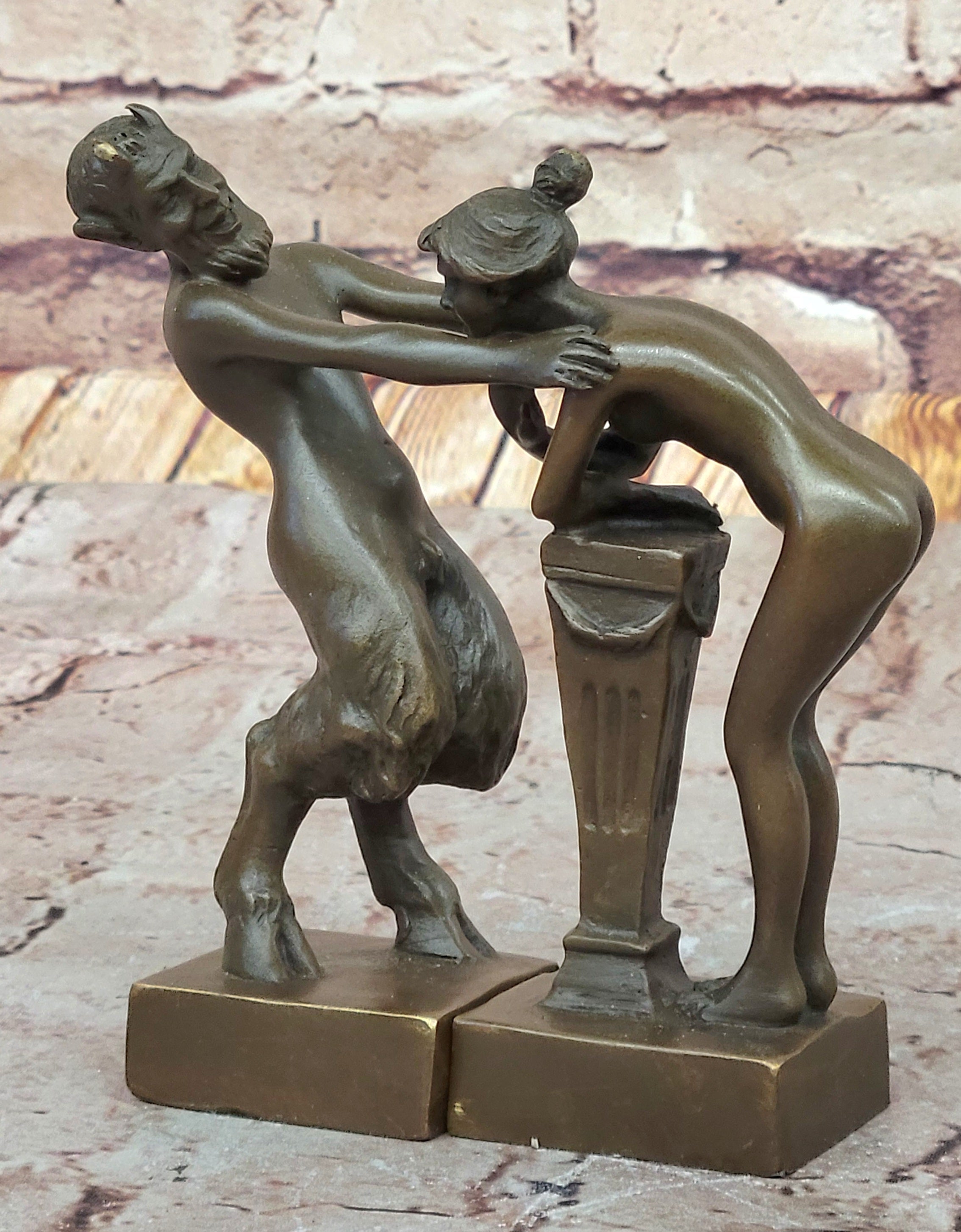 Greek Faun Satyr & Nymph Girl Erotic Nude Bronze Bookend Sculpture Figures