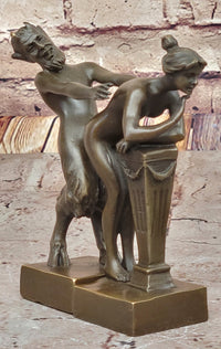 Greek Faun Satyr & Nymph Girl Erotic Nude Bronze Bookend Sculpture Figures