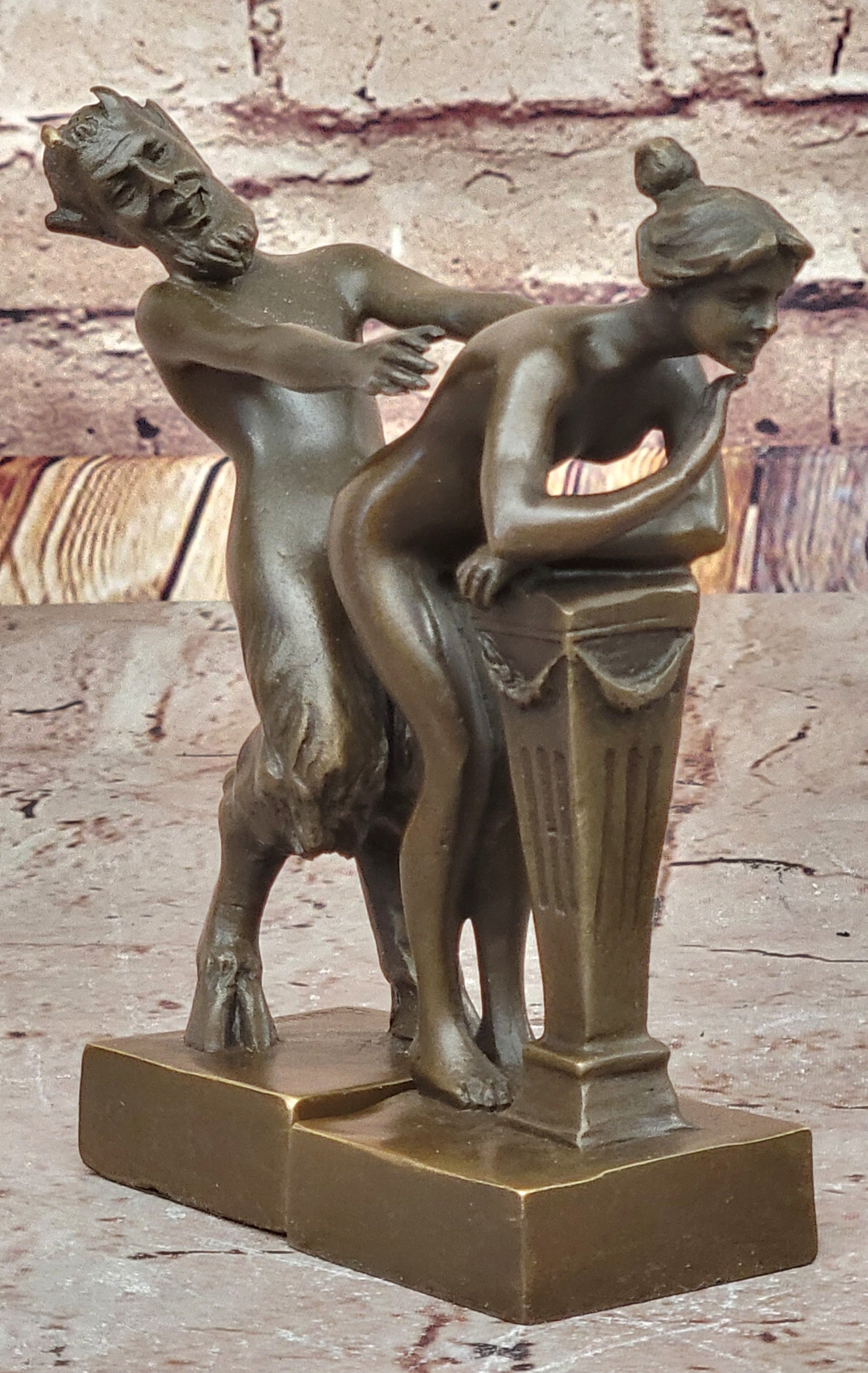 Greek Faun Satyr & Nymph Girl Erotic Nude Bronze Bookend Sculpture Figures