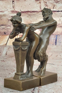 Greek Faun Satyr & Nymph Girl Erotic Nude Bronze Bookend Sculpture Figures