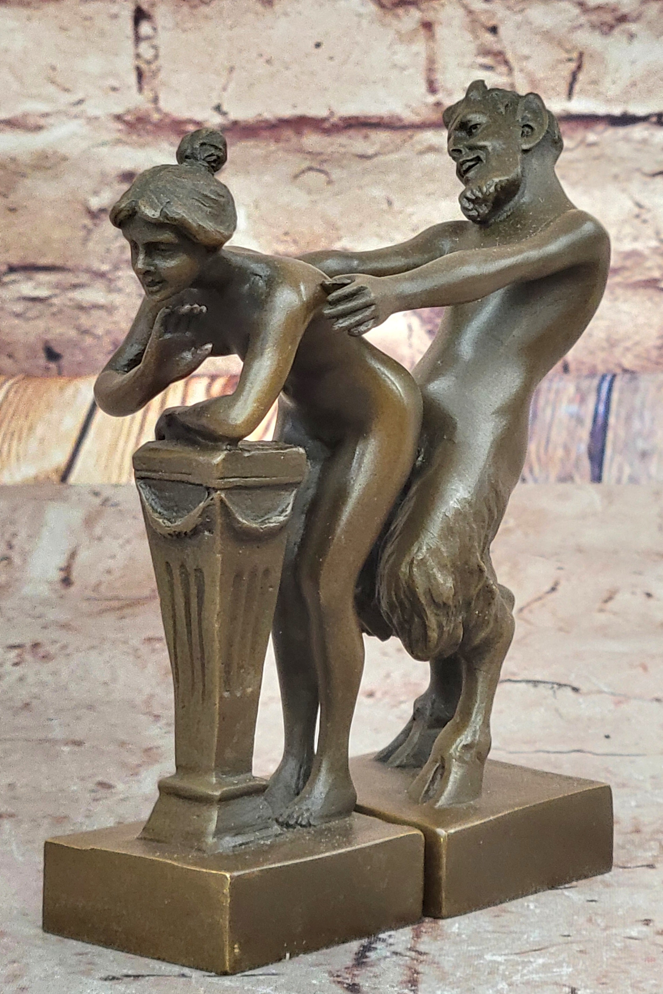 Greek Faun Satyr & Nymph Girl Erotic Nude Bronze Bookend Sculpture Figures