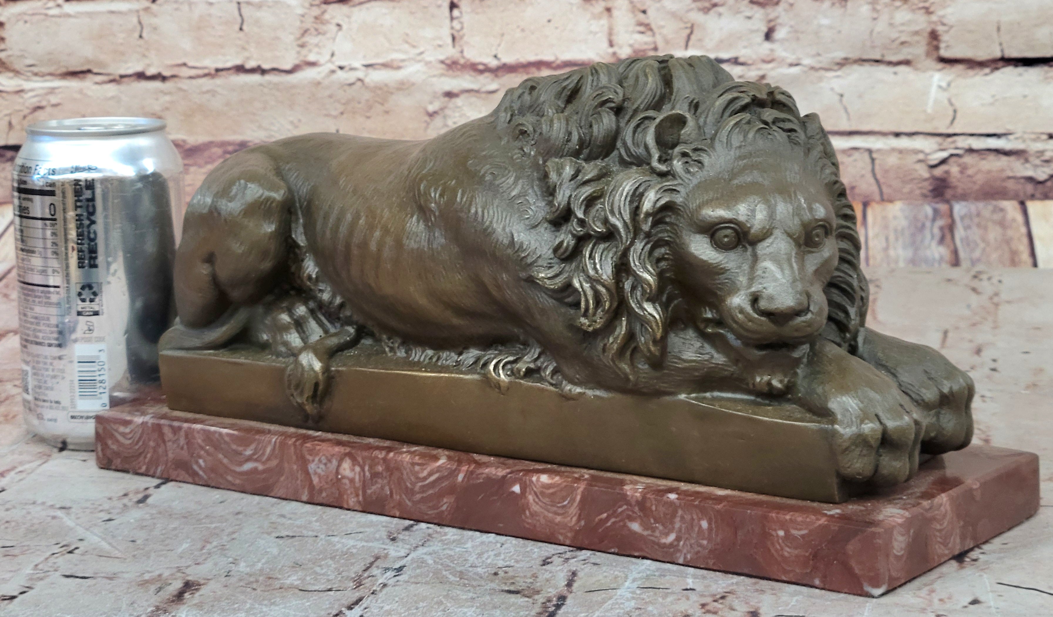 Guardian Lion Bronze Sculpture on Red Marble Base 7" x 12.5"