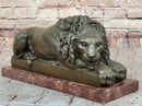 Guardian Lion Bronze Sculpture on Red Marble Base 7" x 12.5"