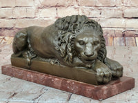 Guardian Lion Bronze Sculpture on Red Marble Base 7" x 12.5"