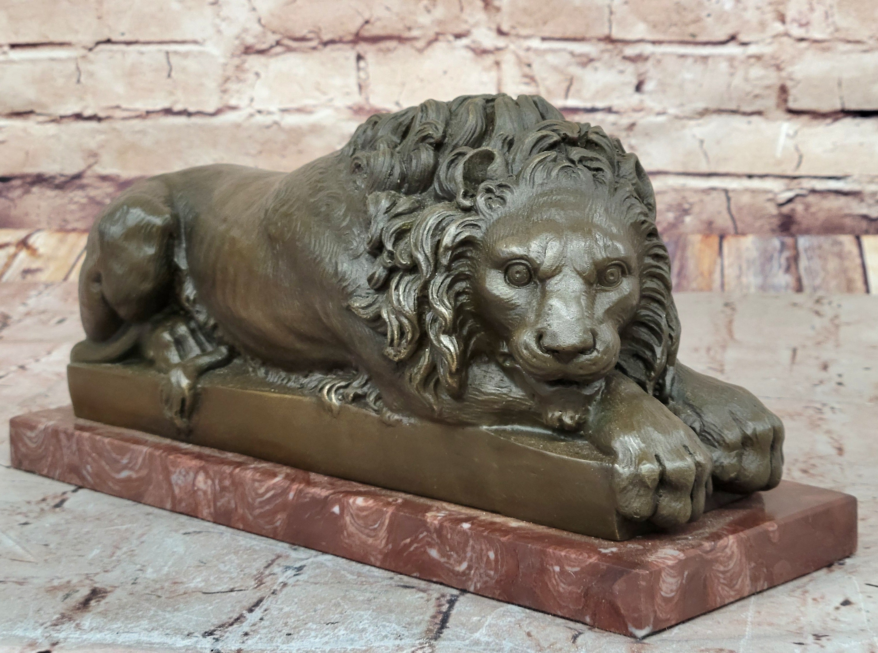 Guardian Lion Bronze Sculpture on Red Marble Base 7" x 12.5"